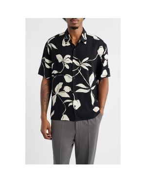 Open Edit Slub Rayon Short Sleeve Button-Up Resort Shirt - Black