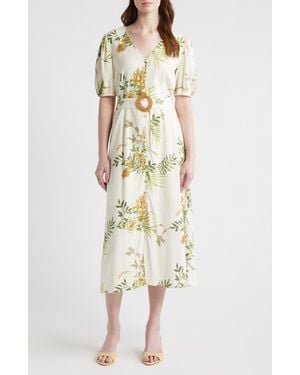 ZOE AND CLAIRE Printed Puff Sleeve Belted Midi Dress - Natural