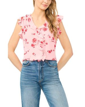 Cece Ditsy Floral Ruffle Trim Top - Blue
