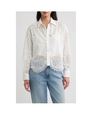 CISSA Embroidered Eyelet Lace Button Down Shirt - White