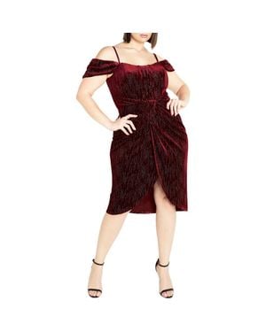 City Chic Jayla Glitter Stripe Cold Shoulder Velour Cocktail Dress - Red