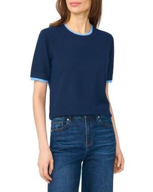 Cece Lace Trim Short Sleeve Crewneck Sweater - Blue