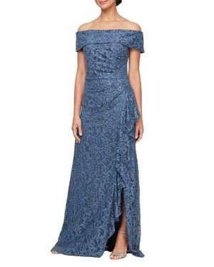 Alex Evenings Sequin Off The Shoulder Lace Gown - Blue