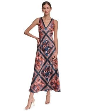 Halston Sleeveless Scarf Print Satin V-Neck Maxi Dress - Red