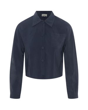 Versatile Copper Tencel Button Front Cropped Blouse - Blue