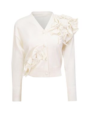 Milano Italy Cropped Floral Applique Button Front Knit Cardigan - White