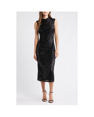 Anne Klein Draped Sleeveless Sequin Sheath Midi Dress - Black