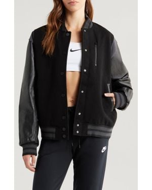 Nike Sportswear Destroyer Leather & Wool Blend Varisty Bomber Jacket - Black