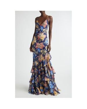 Etro Floral Ruffle Check Jacquard Gown - Blue