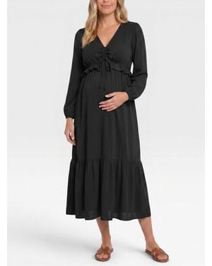 Motherhood Maternity Long Sleeve Ruffle Midi Maternity Dress - Black