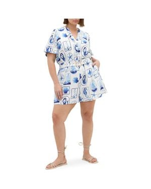 City Chic Elise Amalfi Print Belted Button Front Romper - Blue