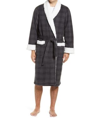 Nordstrom Plaid Fleece Robe With Faux Shearling Lining - Black