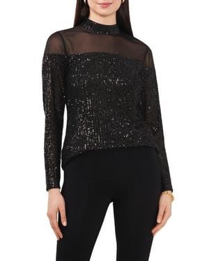 Chaus Sequin Mock Neck Long Sleeve Top - Black