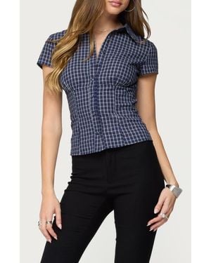 Edikted Oriya Gingham Button-Up Blouse - Blue