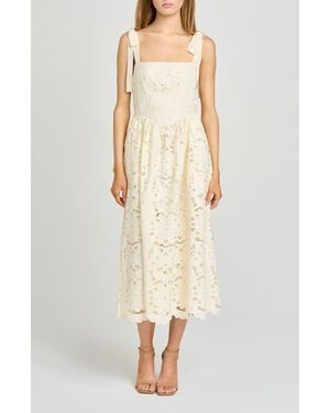 Wayf Kassi Floral Embroidered Tie Shoulder Cotton Midi Dress - Natural