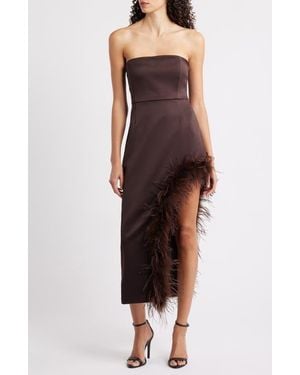DELFI Collective Jocelyn Feather Detail Strapless Satin Cocktail Sheath Dress - Brown
