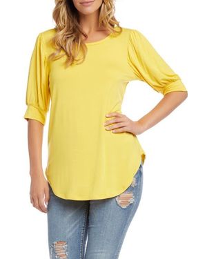 Karen Kane Shirred Sleeve Shirttail Hem Jersey Top - Yellow