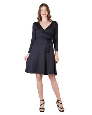 24seven Comfort Apparel Chic V-Neck Long Sleeve Belted Dress - Blue