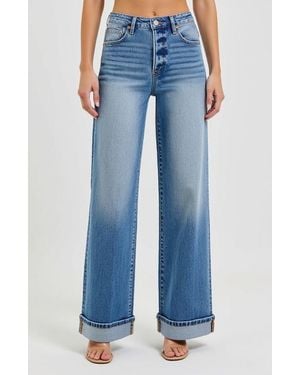 Modenaire Wide Leg Button-Fly Cuffed Jeans With Front Patch Pockets - Blue
