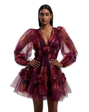 Karen Millen Tulle Balloon Sleeve Mini Dress - Red