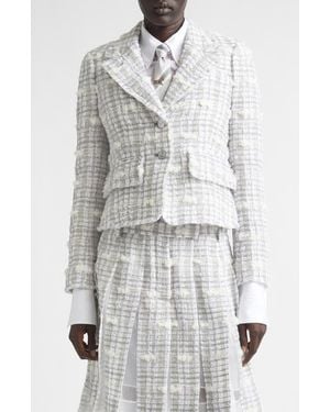 Thom Browne Crop Sculpted Shoulder Pouf Tweed Jacket - White