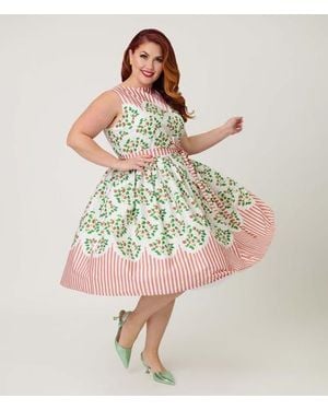 Unique Vintage Plus Size Sleeveless Belted Swing Dress - Multicolor