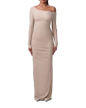 Naked Wardrobe Ruched Off The Shoulder Long Sleeve Maxi Dress - Natural