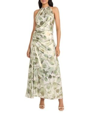 Maggy London Ruched Halter Neck Satin Gown - Metallic