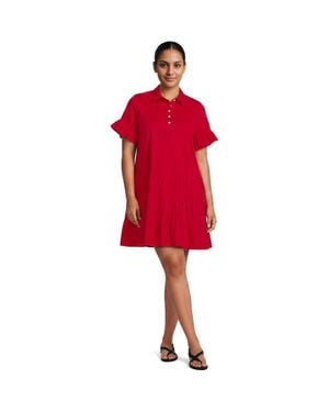 Lands' End Plus Size Poplin Flutter Sleeve Knee Length Popover Dress - Red