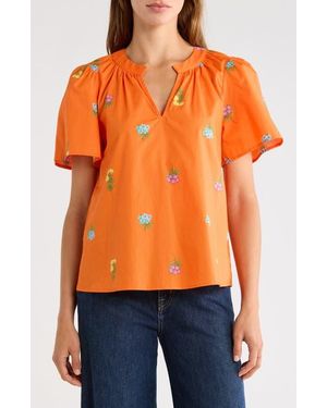 Sugarlips Mely Floral Puff Sleeve Cotton Top - Orange