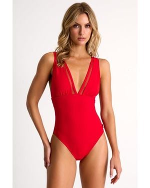 Shan Mesh Detailed Plunging Swimsuit - Red
