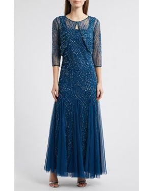 Pisarro Nights Beaded Gown With Long Sleeve Jacket - Blue