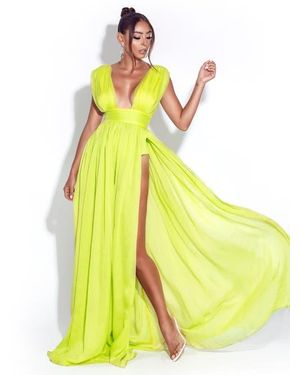 Miss Circle Valley Of Angels Chiffon Pleated High Slit Maxi Dress - Yellow