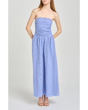 Wayf Pippa Gathered Eyelet Strapless Cotton Midi Dress - Blue