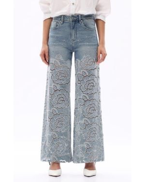 Bayeas Rhinestone High Waist Wide Leg Eyelet Jeans - Blue