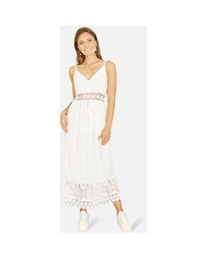 Yumi' Lace Embroidered Tassel Tie Midi Dress - White