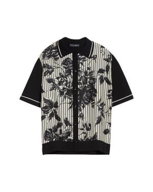 Dolce & Gabbana Oversize Floral & Stripe Short Sleeve Silk & Cotton Shirt - Black