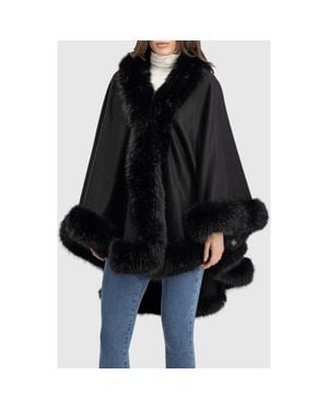 Lyla Grant Cashmere & Wool Blend Cape With Fur-Free Fox (Faux Fur) Trim - Black