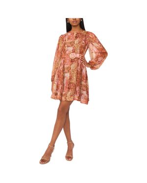 Halogen® Floral Long Sleeve Belted A-Line Dress - Orange