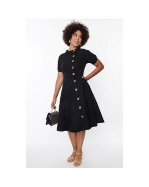 Unique Vintage Asymmetrical Button Woven Swing Dress - Black
