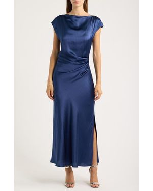 Sam Edelman Drape Bateau Neck Side Ruched Satin Cocktail Dress - Blue
