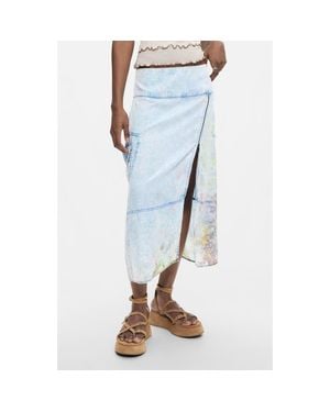 Desigual Graphic Print Straight Midi Denim Skirt - Blue