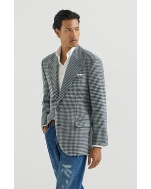 Brunello Cucinelli Cashmere Macro Houndstooth Tailor Blazer With Peak Lapels And Metal Buttons - Gray