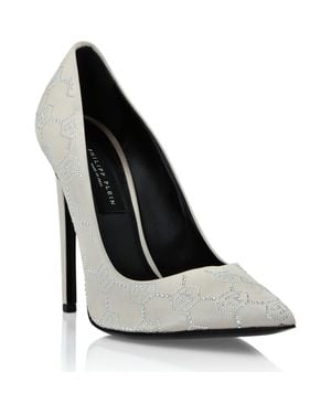 Philipp Plein Satin Decollete Hi-Heels Monogram Strass - White