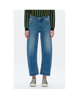 Bayeas Frayed Mid Rise Ankle Barrel Leg Jeans - Blue