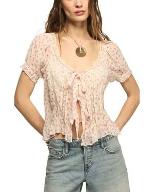Lucky Brand Ditsy Floral Tie Front Lace Inset Top - Multicolor