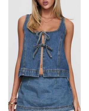 Princess Polly Stefenie Tie Front Organic Cotton Blend Denim Top - Blue