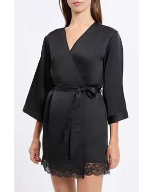 Etam Desire Lace Trim Satin Robe - Black
