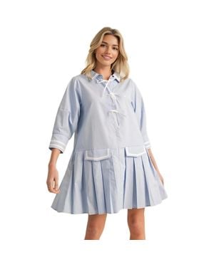 Knit & Lounge Pleated Contrast Trim Front Tie Mini Dress - Blue