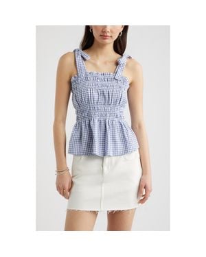 BP. Gingham Shirred Linen Blend Top - Blue
